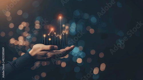 Businessman holding a growth arrow and market graph with glowing icons on a dark background. Man hand pointing to rising business chart, financial strategy concept on black background. photo