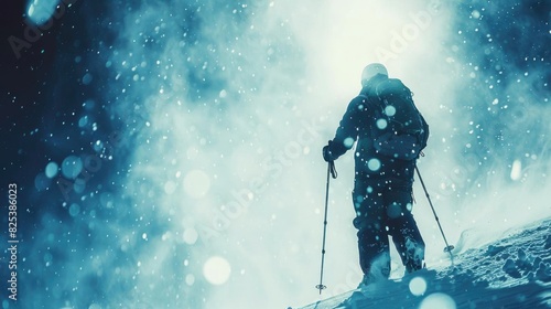 Silhouette of a skier in heavy snowfall, descending a snowy slope in winter conditions, with a dramatic, intense atmosphere.