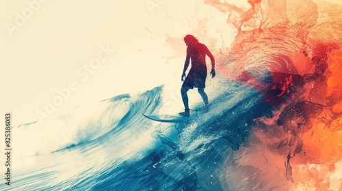 Digital artwork of a surfer riding a vivid wave blending into fiery colors, symbolizing energy and adventure in oceanic landscapes.