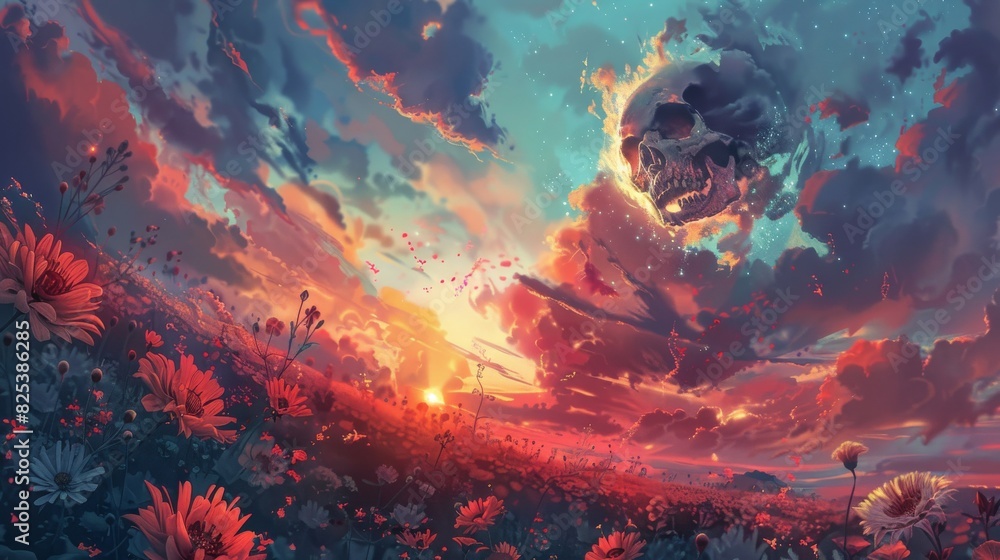 Skull surrounded by vibrant flowers in a meadow Skull surrounded by vibrant flowers in a meadow