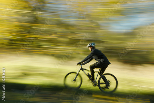 Long exposure shot of a man in helmet riding on a bicycle in nature, empty space © WaxWing_Ai