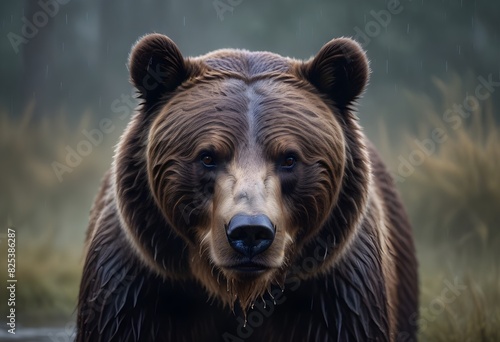A bear with piercing eyes and a wet snout, set against a blurred, rainy background