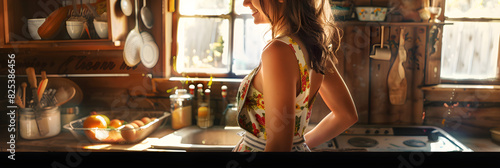 Home Baker with Handmade Floral Apron in Rustic Kitchen Preparing Ingredients in Sunlit Setting