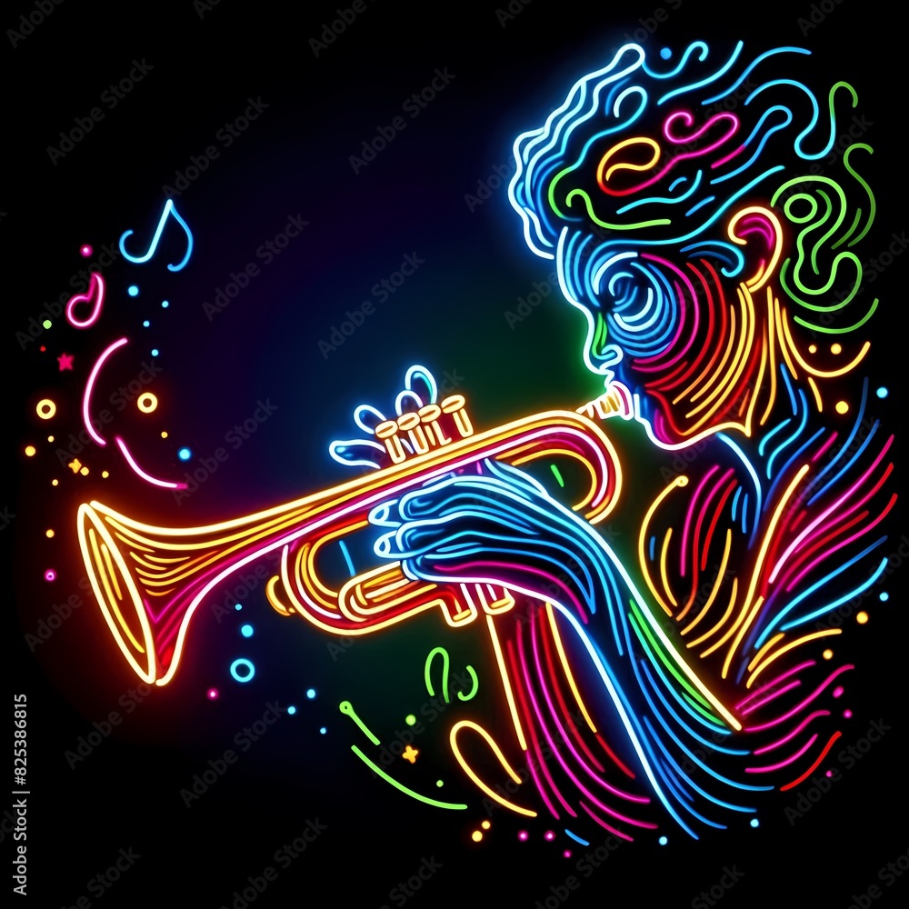 Fototapeta premium Neon Line Art of Musician Playing Trumpet