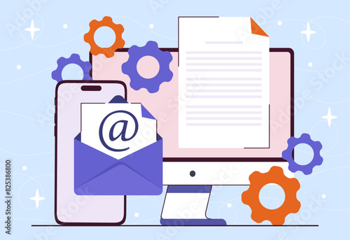 Email marketing concept. Social networks promotion. Sending out emails to clients. Envelope with letter on computer screen. Sending document and contract by email. Flat vector illustration