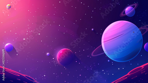 Illustration of the cosmic landscape of the galaxy with rocks  planets  many stars and asteroids in neon tones