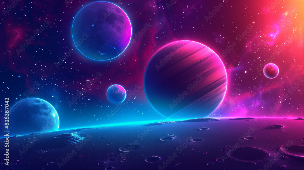Fototapeta premium Illustration of the cosmic landscape of the galaxy with rocks, planets, many stars and asteroids in neon tones