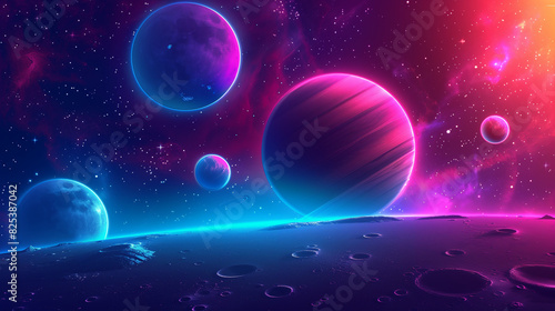 Illustration of the cosmic landscape of the galaxy with rocks, planets, many stars and asteroids in neon tones
