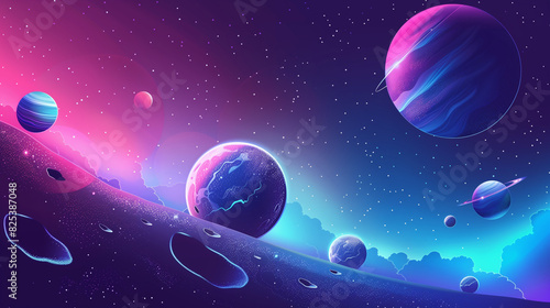 Illustration of the cosmic landscape of the galaxy with rocks  planets  many stars and asteroids in neon tones