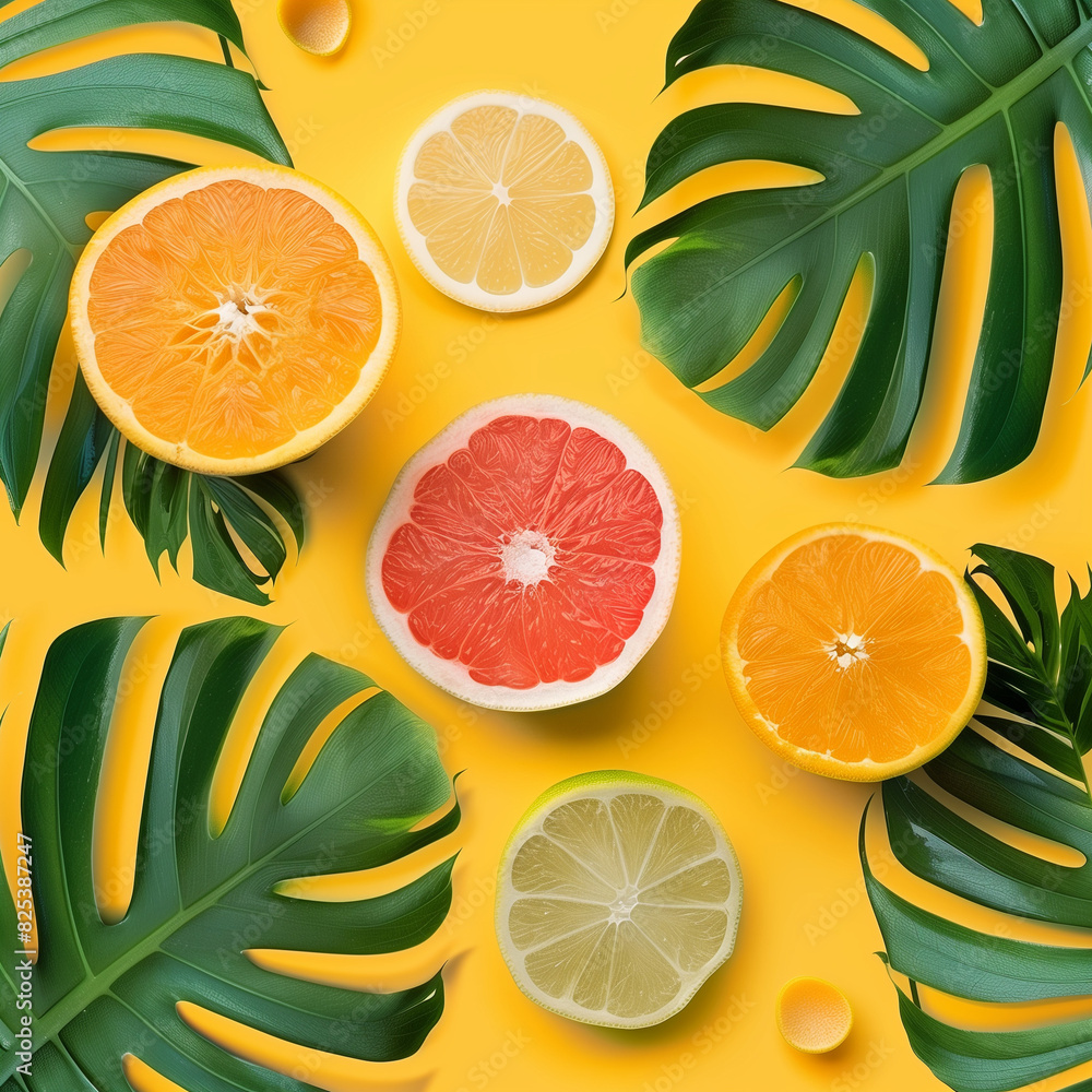 sliced tropical fruits and tropical leaves around on a plain background sliced tropical fruits and tropical leaves around on a plain background