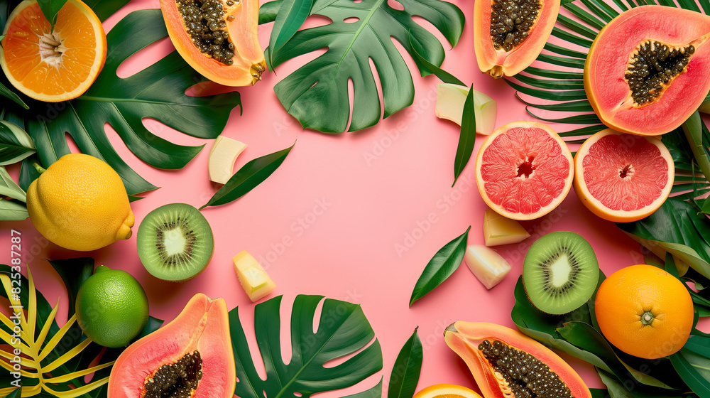 sliced tropical fruits and tropical leaves around on a plain background sliced tropical fruits and tropical leaves around on a plain background