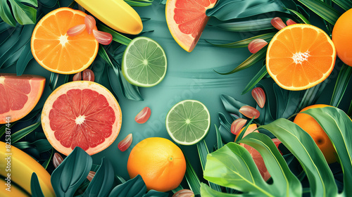 sliced       tropical fruits and tropical leaves around on a plain background