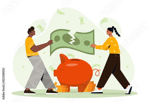 Division of property in divorce proceedings. Man and woman torn banknote near piggy bank. Break up and divorce. Wife and husband legal conflict. Flat vector illustration isolated on white background