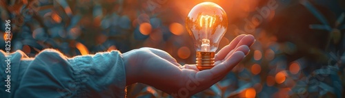 Hand holding a glowing lightbulb at sunrise, symbolizing creativity, innovation, and inspiration in a natural outdoor setting. #825388296