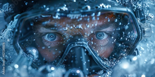 Close-up of a diver's face with intense eyes, wearing a mask and surrounded by bubbles underwater, capturing the thrill of deep-sea exploration.