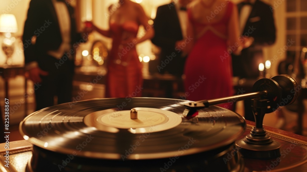 Naklejka premium In a period drama a wealthy family throws a lavish party where guests dance to the smooth sounds of a jazz vinyl record playing on a vintage gramophone.