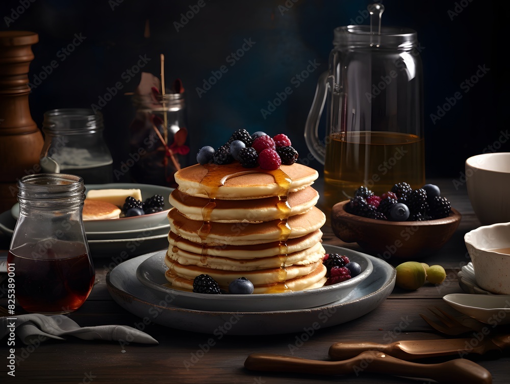 Stack of pancakes with berries and honey. Stack of pancakes with berries and honey.