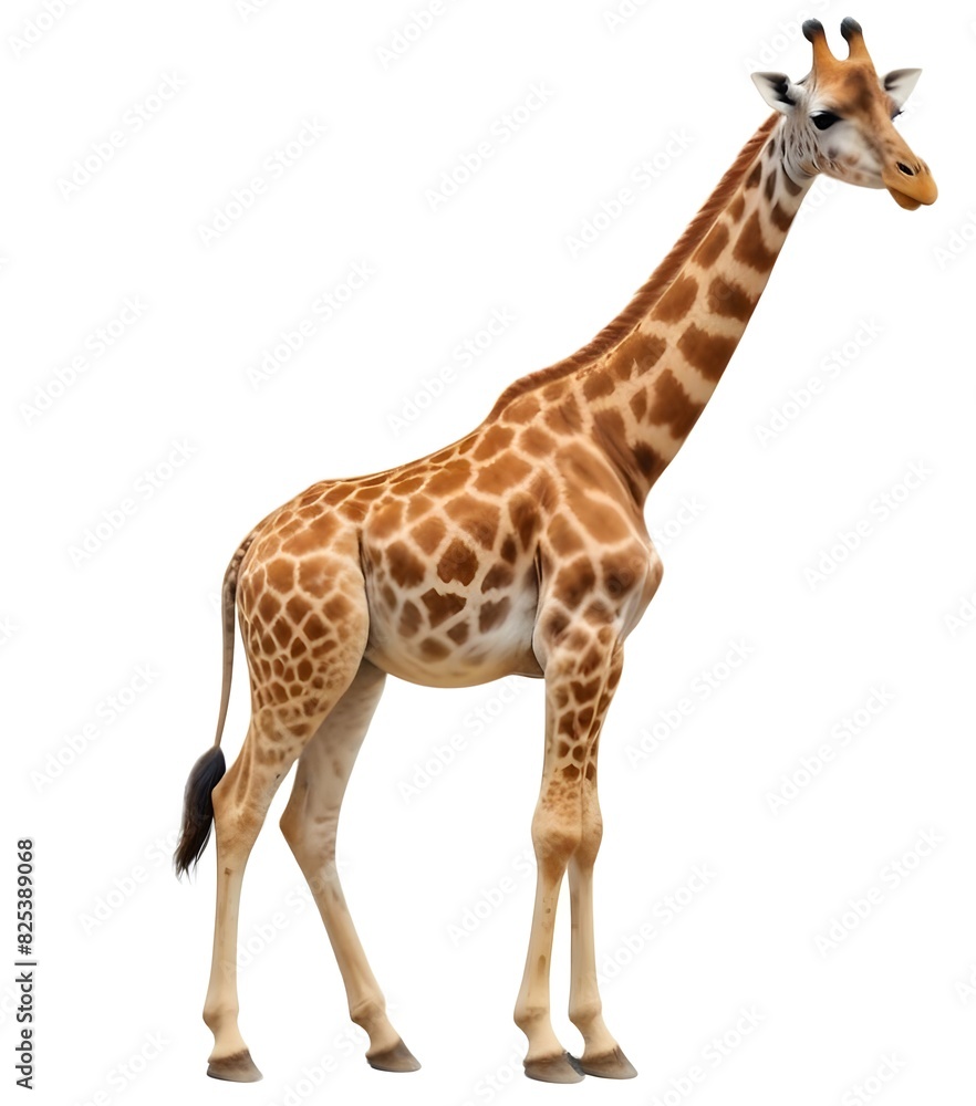 A tall, adult giraffe with a long neck and spotted fur standing against a plain white background