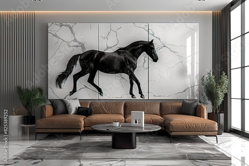 3 panel wall art, marble background with horse silhouette black photo