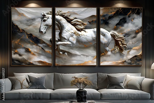 3 panel wall art, marble background with horse silhouette black photo