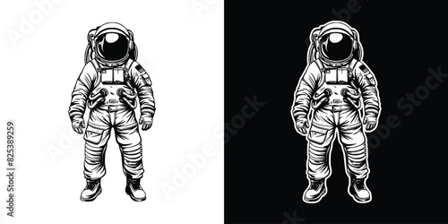 Vintage engraving style astronaut cosmic character in helmet and suit decoration