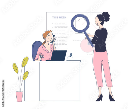 Two women at work in an office, one looking at a task plan and schedule on whiteboard, the other sitting at laptop and answering phone call. Line art style flat vector illustration on white background
