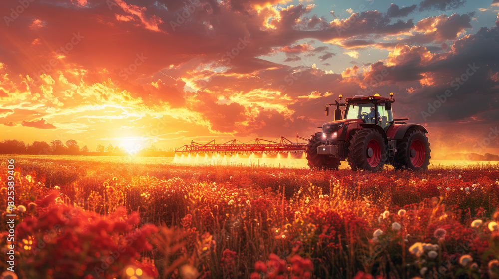 Fototapeta premium Irrigation tractor at sunset, showcasing tech role in modern agriculture and food sustainability,generative ai