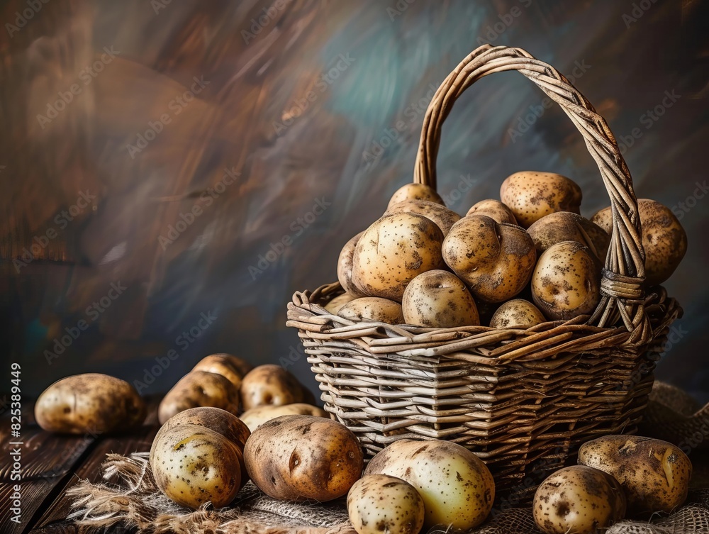 Abundant Harvest: A Bounty of Potatoes in a Wicker Basket Abundant Harvest: A Bounty of Potatoes in a Wicker Basket