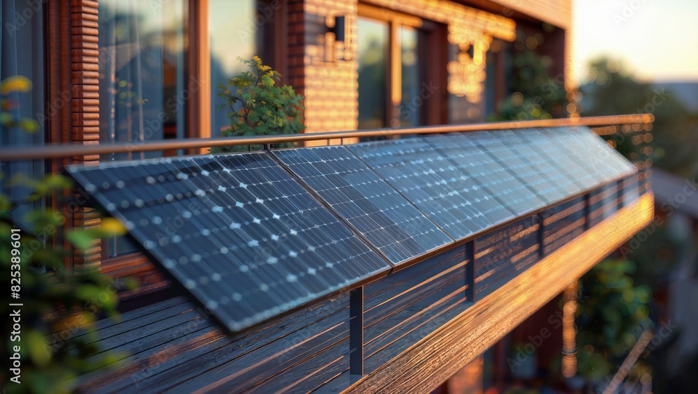 Fototapeta premium A row of solar panels installed on the outside of the balcony, harmoniously combining renewable energy technology and outdoor living space.