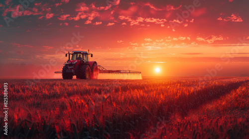 Irrigation tractor at sunset, showcasing tech role in modern agriculture and food sustainability,generative ai