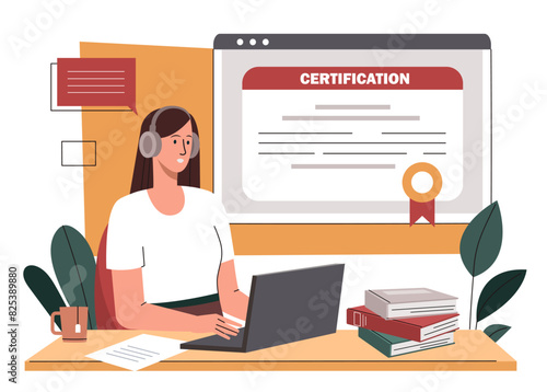 Young woman with documents for students. Woman working at laptop with Online Certification sign in background. Distant lessons, learning and training, studying and graduation. Flat vector illustration