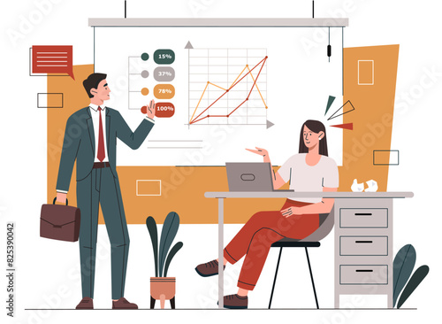 People analyzing data. Man and woman standing next to graphs and diagrams. Statistics, infographics, data visualization concept. Team of analysts conduct marketing research. Flat vector illustration