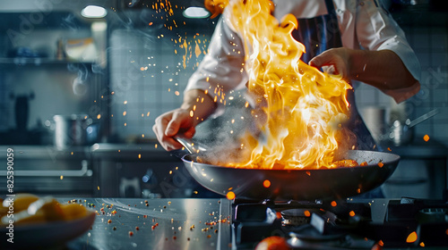dynamic shot of a chef tossing ingredients in a pan with flames leaping and aromas wafting through the air creating a sense of culinary excitement