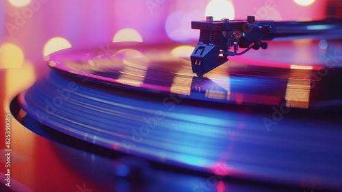 A closeup of a needle on a turntable playing a newly pressed record and producing the warm rich sound that vinyl is known for. photo