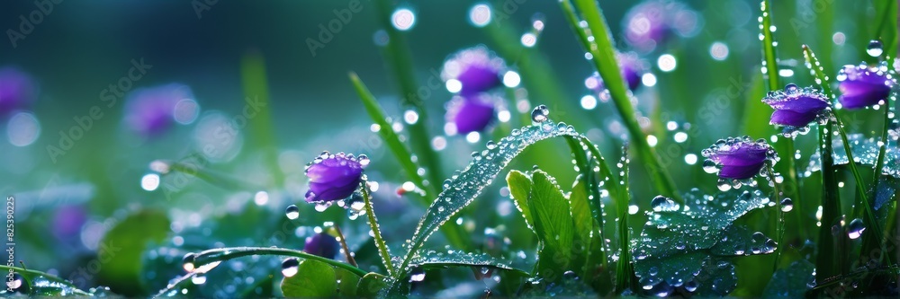 Green wild grass, tiny flowers and dewdrops. The banner. Green wild grass, tiny flowers and dewdrops. The banner.