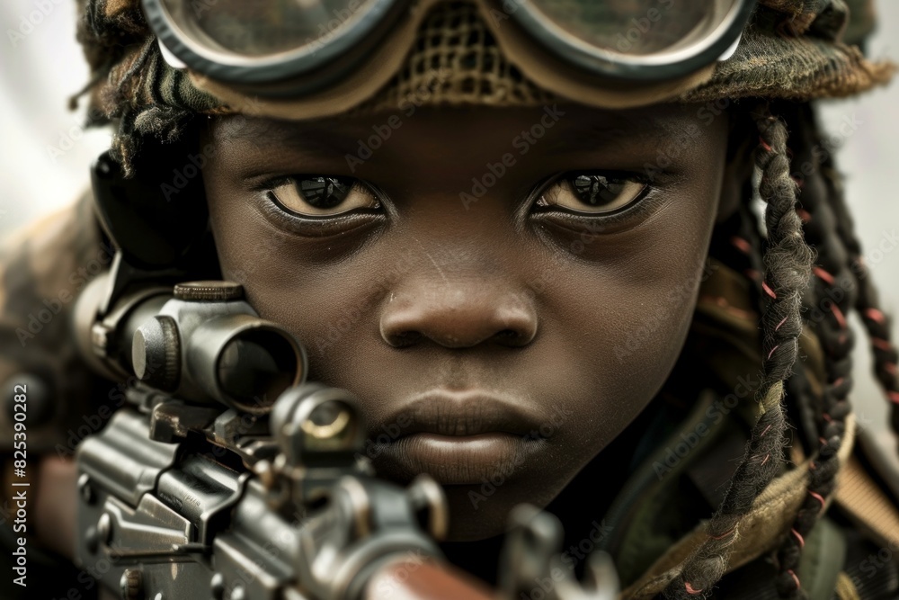 Intense closeup of a child in warrior costume looking directly at the camera