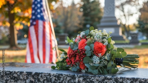 Patriotic Memorial Flowers with American Flag Background at Cemetery