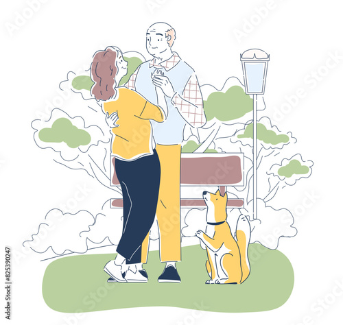 Elderly couple with dog simple style design. Pensioners dance in summer city park. Senior couple spending time together. Romance and passion. Line art flat vector illustration