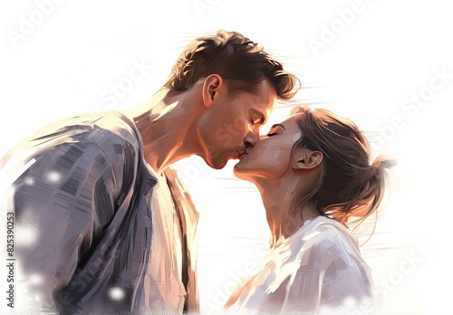 Passionate kiss between charming handsome lovers. Colorfull image of loving couple. Cropped close up profile. Digital art in the style of a painted picture. Illustration for cover, card or print. photo