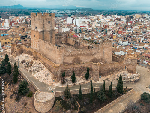 Aerial view of a historic castle and buildings in Villena, Spain photo