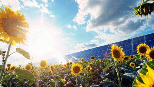 Discover the synergy of nature and technology in this captivating image featuring a vibrant field of sunflowers with a solar panel installation in the background.