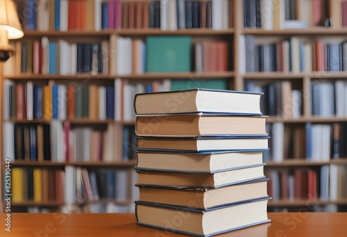A stack of books on a table in front of a bookshelf