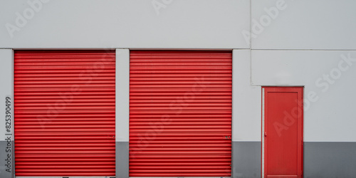 Symmetrical red garage doors of a storage facility.