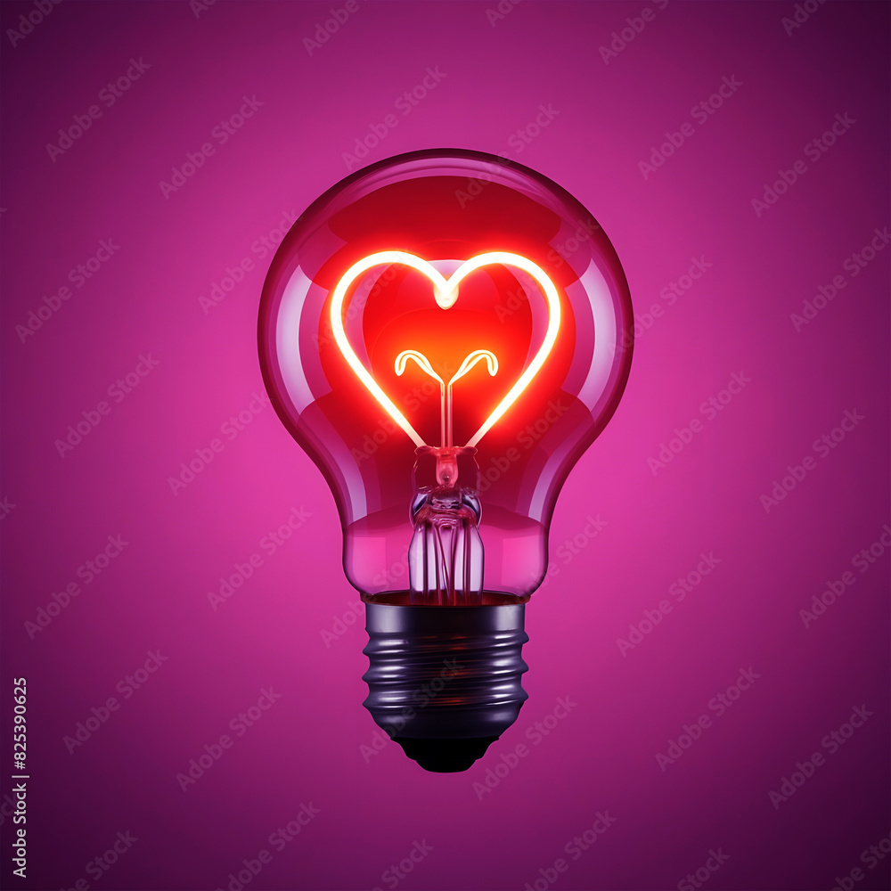 Light bulb with a heart shape glowing filament on a red background, Valentine day concept Light bulb with a heart shape glowing filament on a red background, Valentine day concept