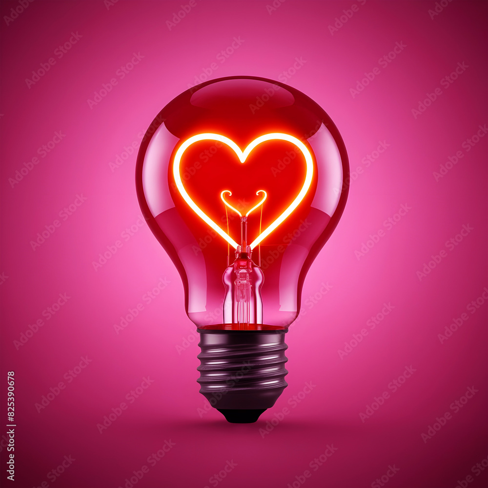 Light bulb with a heart shape glowing filament on a red background, Valentine day concept Light bulb with a heart shape glowing filament on a red background, Valentine day concept