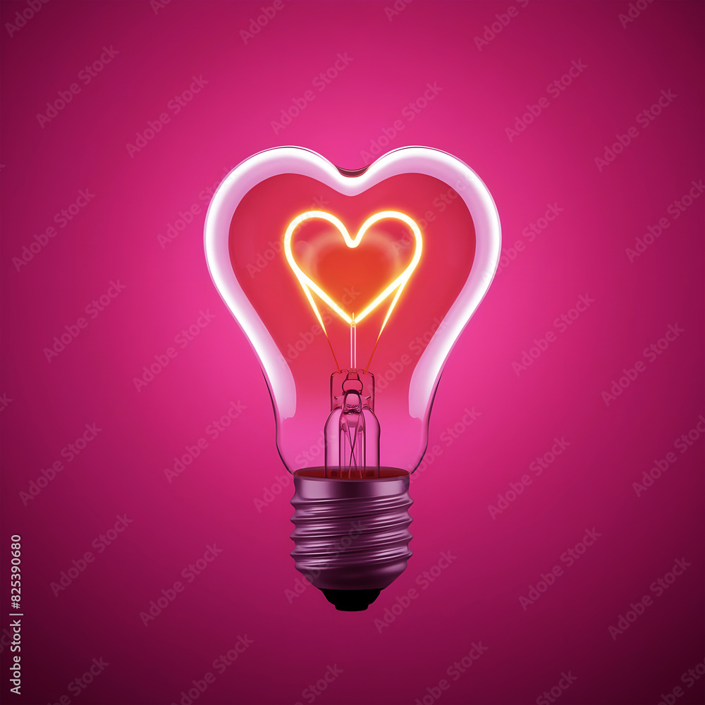 Light bulb with a heart shape glowing filament on a red background, Valentine day concept Light bulb with a heart shape glowing filament on a red background, Valentine day concept