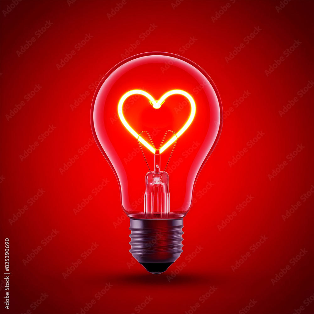 Light bulb with a heart shape glowing filament on a red background, Valentine day concept Light bulb with a heart shape glowing filament on a red background, Valentine day concept