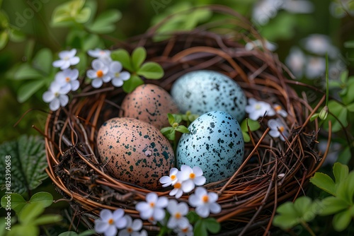 Three eggs in a nest surrounded by flowers