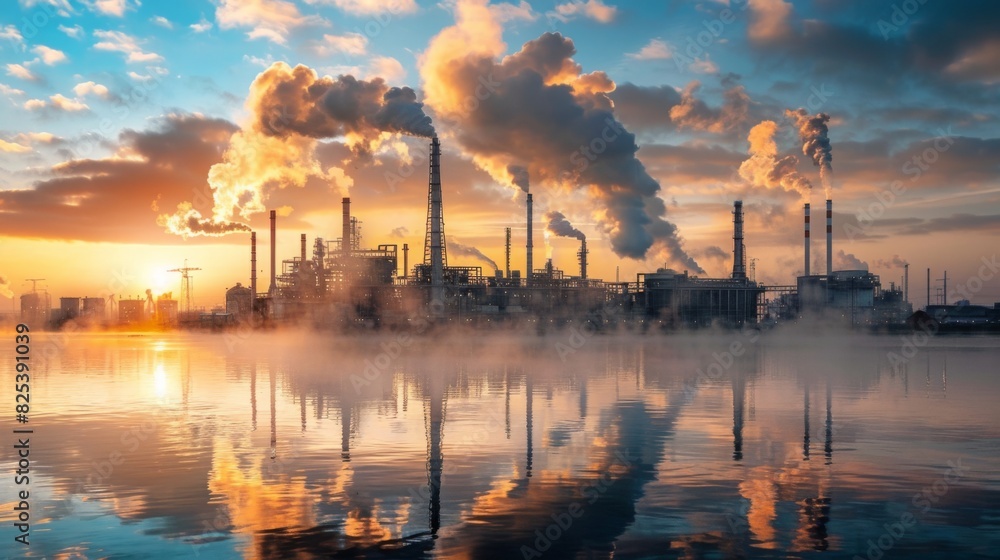 A large industrial plant emits smoke, creating a vivid reflection on the calm water at sunset.