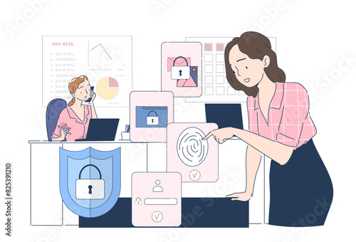 Chief Information officer. Woman scanning fingerprints. Security, safety of personal information, data protection concept. Line art flat vector illustration